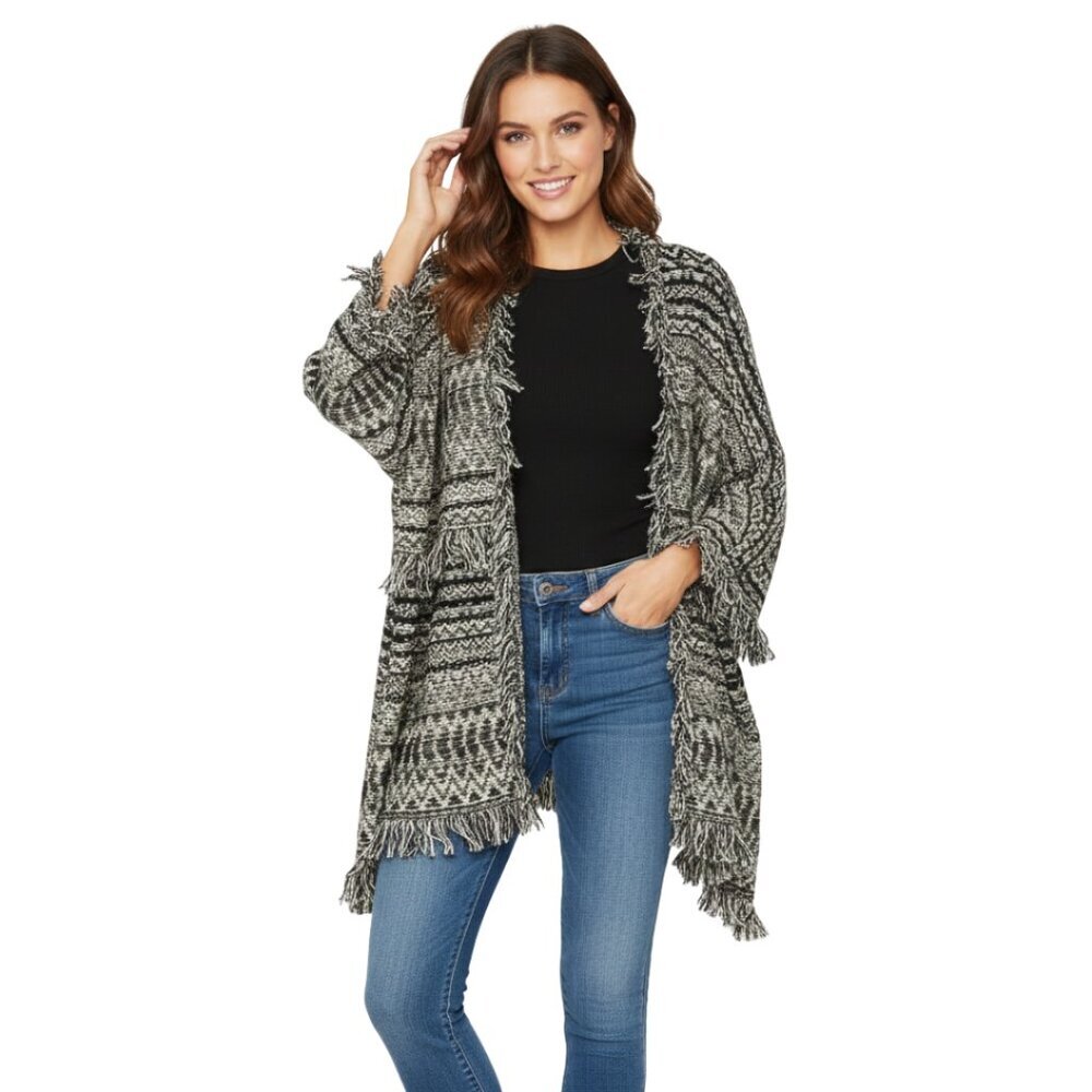 AVALIN Boho Chic Fringe Open Knit Cardigan Sweater Jacket | Black Cream Aztec Ta